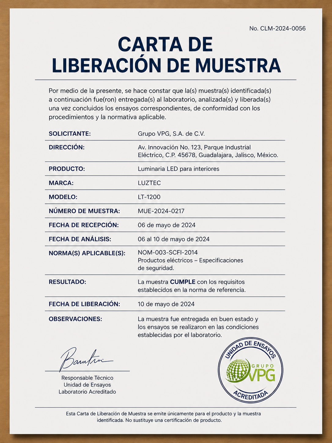 Carta de Liberación de Muestra