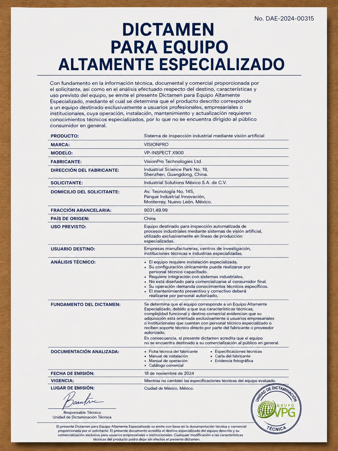 Dictamen para equipo altamente especializado